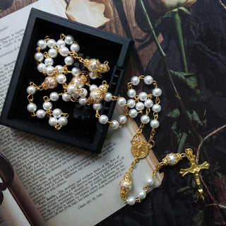 Vintage Pearl Beads Rosary Necklace Crucifix for Cross Pendant Necklaces Jewelry Charm Prayer Gifts