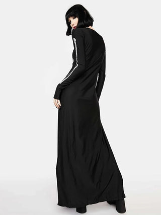 Goth skeleton Halloween Dark Gothic Dress Women Streetwear Skull Printed Long Sleeve O-neck Split Midi Dress Cosplay Clubwear