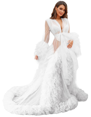 Custom luxury Dressing Gown Perspective Sheer Open Front Ruffle Tulle Long Puffy Robe old Hollywood Nightgown Dress