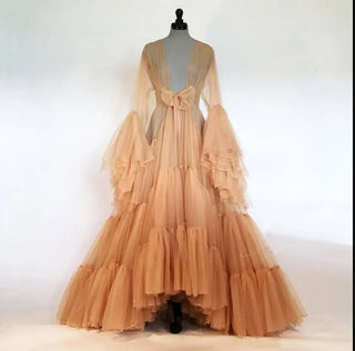 Custom Fantasy Bridal Boudoir Gown Tulle Illusion Trumpet Sleeves Long Suit Custom Bathrobe custom size
