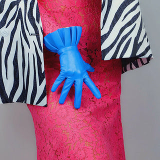 RUFFLE GLOVES 25cm 10" Wrist Short Faux Patent Leather Shine Latex Red Ruffle Trim