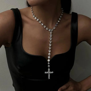 Fashion Long Chain Rhinestone With Cross Pendant Necklace For Women Fashion Jewelry Maxi Trendy Lady's Statement Necklace