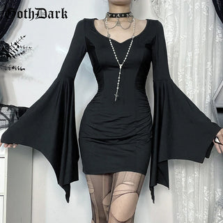 Batwing Sleeve Mini Dress Elegant Slim Pleat Bodycon Dresses Gothic