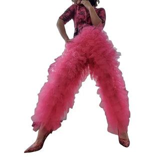 Custom Party Pants Tulle Solid Multi-Layer Ruffle Yarn High Waist Female Trousers Fashion Trousers Club Party Costumes