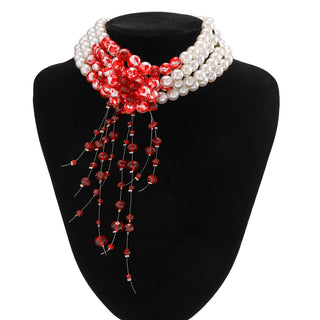 Vampire Pearl Necklace Gothic Drop Red Crystal Blood Tassel Choker Necklace Halloween Jewelry