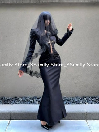 Dress black Women Gothic Cut Out Cross Hip Dress Fashion Black Long Sleeve 2 Piece Set