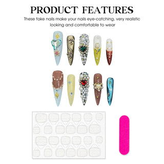 Handmade Press on Nails European Heavy Metal Pearl Crystal Decor halloween Nails for Women Wearable Gothic Long Pointed False Nails