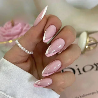 24Pcs Pink Almond False Nails Shiny Golden Ripples Stiletto Fake Nails Detachable Oval Full Cover Press on Nails Tips Manicure