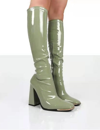 Square Pastel Heel Knee-High Classic Square Toe Boots PU Leather Party Dress Dance Shoes Botas De Mujer