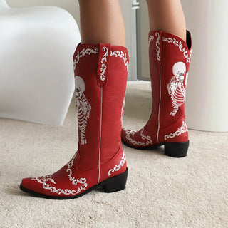 Skeleton Embroidered cowboy Mid Boots Pointed Toe Chunky Heel Plush Embroidered Slip-On Boots