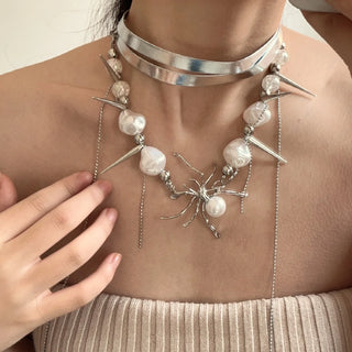 New Pearl Spider Pendant Necklace Spider Beaded silver Trendy Neck Accessories Choker Jewelry