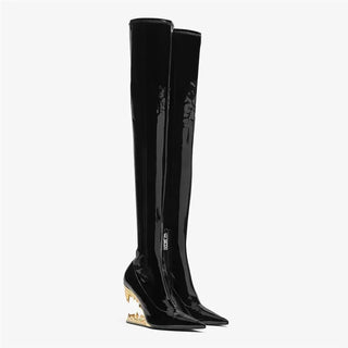 New Shaped Heel Tiger Teeth Over Knee Long Boots Pointed Super Fiber High Heel Boots Women's Shoes Long Boots Zapatos De Mujer