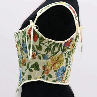Corset Bustier Ovberbust Floral Beige Print Bodice Lace Up Front Boned Costume Shaping Tops Slimm Waist Tummy Contr