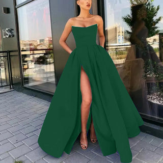 Sexy Elegant Nipped Waist Split Prom Dress Elegant Women Evening Party Formal Long Strapless Dress Wedding Banquet Vestidos