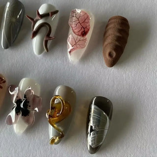 10Pcs Handmade Manicure Short Almond Fake Nails Summer New Cute Style Limited Nails Design with Adhesive Nail File Set