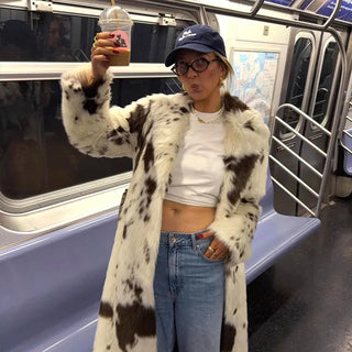 Cow print faux fur long coat