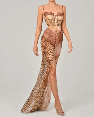 Leopard Print Lace Split Maxi Dress Women Gown Elegant Patchwork Chiffon Backless Beach Dress