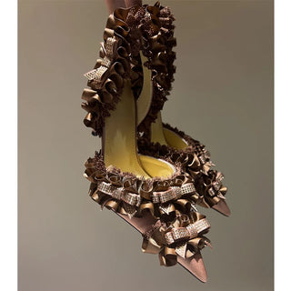 Rhinestone Bow Lace Slingback Stiletto Sandals Woman Summer vintage Pointed Closed Toe Lolita Style High Heels Shoes for Women