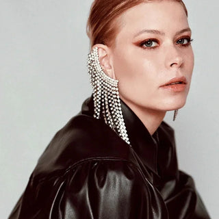 Stonefnas Long Tassel Ear Clip Earrings No Piercing for Women Rhinestone Ear Cuff Unusual 2024 Trend New Women's Jewelry Luxury