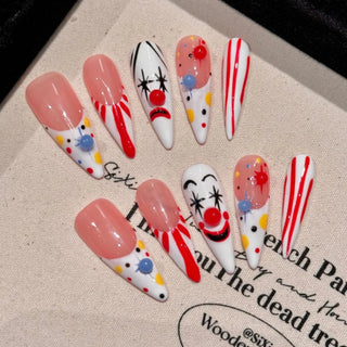 Handmade Clown Designs False Nals White French Long Stiletto Press On Nails Glossy Pink Wearable Fake Nail Patches For Party