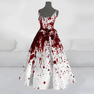 Halloween Costumes Gothic Bloody Print Dresses for Women Retro Sleeveless Cocktail Party Dress Housewife Evening A Line Dress