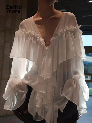 Chiffon Ruffle Shirts White Loose V-neck Lantern Sleeve See Through Blouses Spring Summer renaissance  Commute Outwears