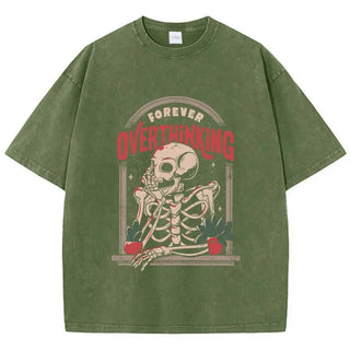 Skeleton Washed T-Shirts Cotton Halloween Printing Tops Oversize O-Neck Soft Short Sleeve Clothes