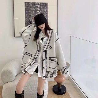Print Graffiti Cardigan Women Long Sleeve Top Illustration Loose V-neck Sweater Autumn Winter Streetwear Knitted Female Cardigans Coat