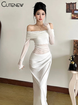 Cutenew Mesh Ruched Women Maxi Dress See Through Off Shoulder Long Sleeve Sheath Vestidos Gothic  Midnight Party Solid