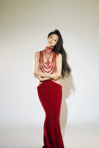 Sparkly Sheer Elegant Illusion Rhinestone Red Velvet Ball Dress For Women Fishtail Gown Elegant Dress Party Evening Dress