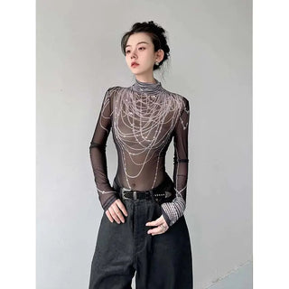 Graphic Long Sleeve T Shirts Women Gauze Transparent Slim Mesh Mock Neck Fashion Grunge Tops