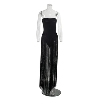 Strapless Fringe Dress Holiday Women Cocktail Sexy Strapless Tassel Red Tight Long Bandage Bodycon Elegant Celebrity Party Wear