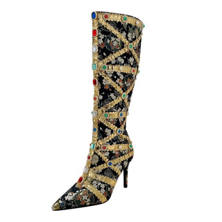 Medieval Style Runway Gemstone Crystal Stilettos Heels Women Knee-High Boots Zip Sexy Pointed Toe Stripper Botas De Mujer