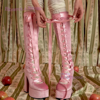 Pink Suede Ribbon Platform Boots Girls Party Corduroy Black Hollow Lace Knee Booties Chunky Heel Weave Fringe Sweet Cute Shoe