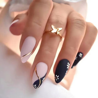 24Pcs Pink Almond False Nails Shiny Golden Ripples Stiletto Fake Nails Detachable Oval Full Cover Press on Nails Tips Manicure