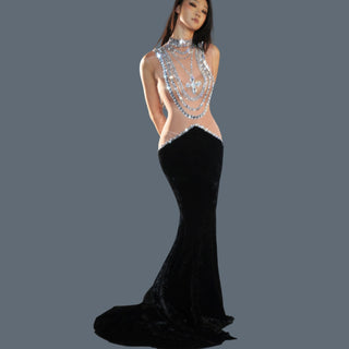 Sparkly Sheer Elegant Illusion Rhinestone Red Velvet Ball Dress For Women Fishtail Gown Elegant Dress Party Evening Dress