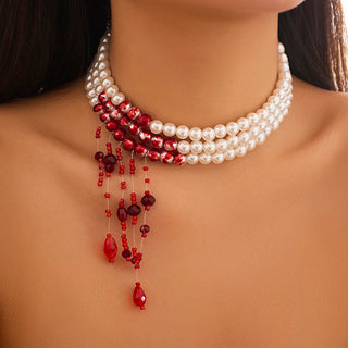 Vampire Pearl Necklace Gothic Drop Red Crystal Blood Tassel Choker Necklace Halloween Jewelry