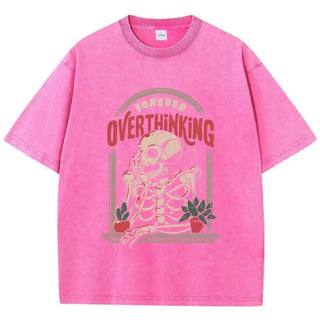 Skeleton Washed T-Shirts Cotton Halloween Printing Tops Oversize O-Neck Soft Short Sleeve Clothes