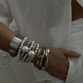 Vintage Pearl Wide Cuff Bangles Silver Color Geometric Spring Bangles Bracelet Jewelry