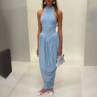 Blifanbo Pleated Elegant O Neck Maxi Dress For Women Off-shoulder Fashion Slim Fit Sleeveless Patchwork Sexy Club Party Dress