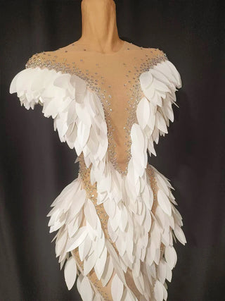 Sparkly rhinestone 3D White Sequin Feather Dress