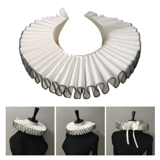 Vintage Victorian Ruffled Faux Collar Men and Women Black Trimmed Ribbon Tie Neck Ruff Shawl Renaissance Clown Choker Collar