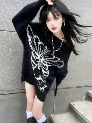 Goth Skull Print Skeleton Sweater Tops Black Pullover