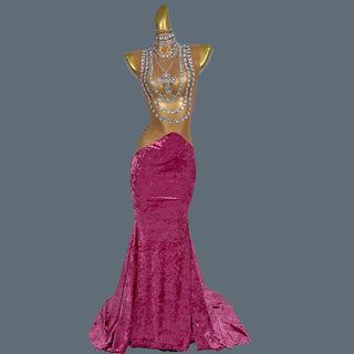 Sparkly Sheer Elegant Illusion Rhinestone Red Velvet Ball Dress For Women Fishtail Gown Elegant Dress Party Evening Dress