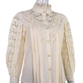 Apricot Lace Blouse Women Autumn Vintage Long Sleeve Pearl Button Flower Hollow Out Blusas See Through Mesh Shirt Camisas Elegantes