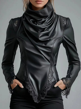 PU Leather High Neck Leather Lace Trim Long Sleeve Blouse Cinched Irregular Hem Solid T Shirt Spring Streetwear
