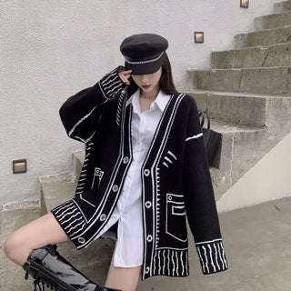 Print Graffiti Cardigan Women Long Sleeve Top Illustration Loose V-neck Sweater Autumn Winter Streetwear Knitted Female Cardigans Coat