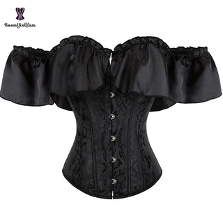 Ruffle Bones Gothic Corset Satin Short Sleeves Black Women's Off-Shoulder Victorian Corset Top