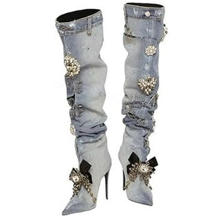 Demin Crystal Decor Boots Pleated over the Knee Shoes for Women Fashionable Thin High Heels Sexy Shoes 2024 Zapatos Para Mujere
