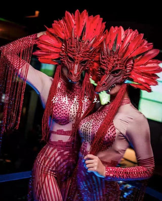 Red Dragon Mask Headdress Performance Clothing Nightclub Red Exaggerated Headwear Performance Clothing